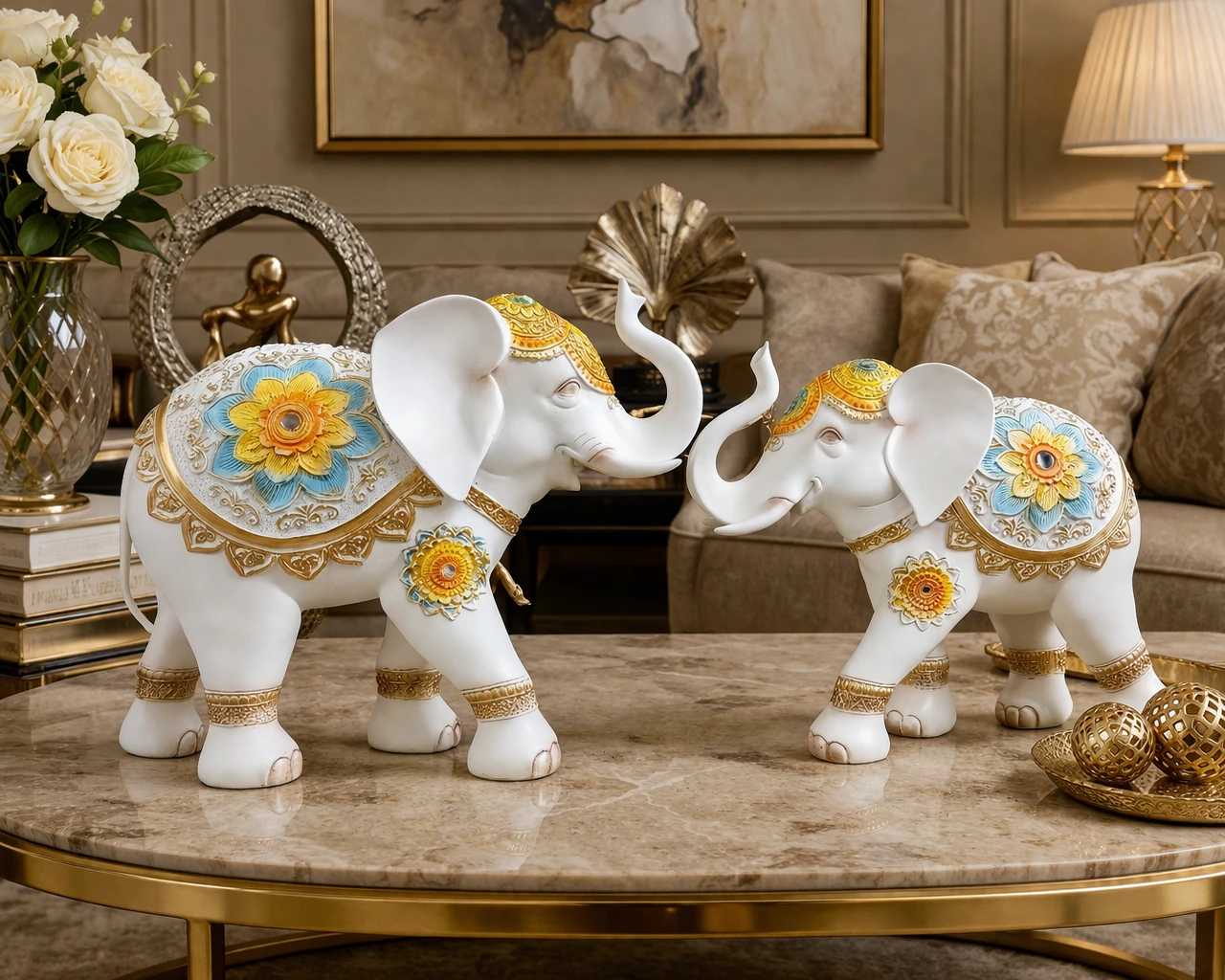 Premium White Elephant Figurine for Home Decor (Pack of 2)